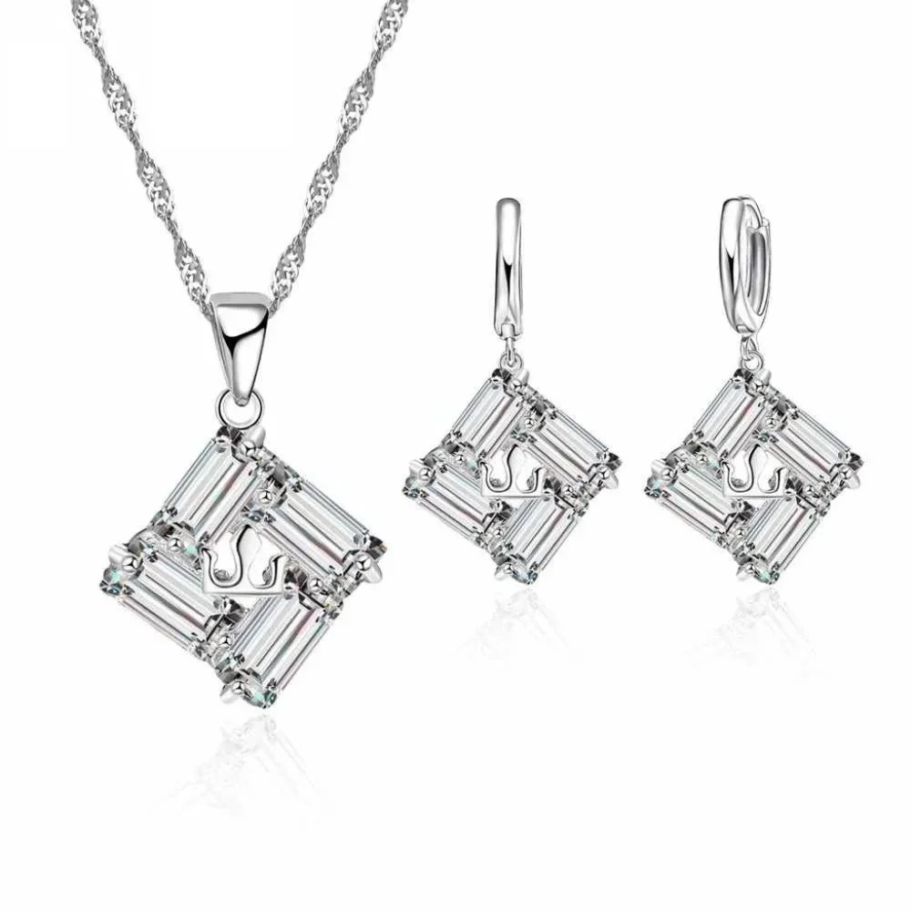 Earrings And Necklace Chain Square Woman 925 Sterling Silver Pendant Set - Picture 1 of 4